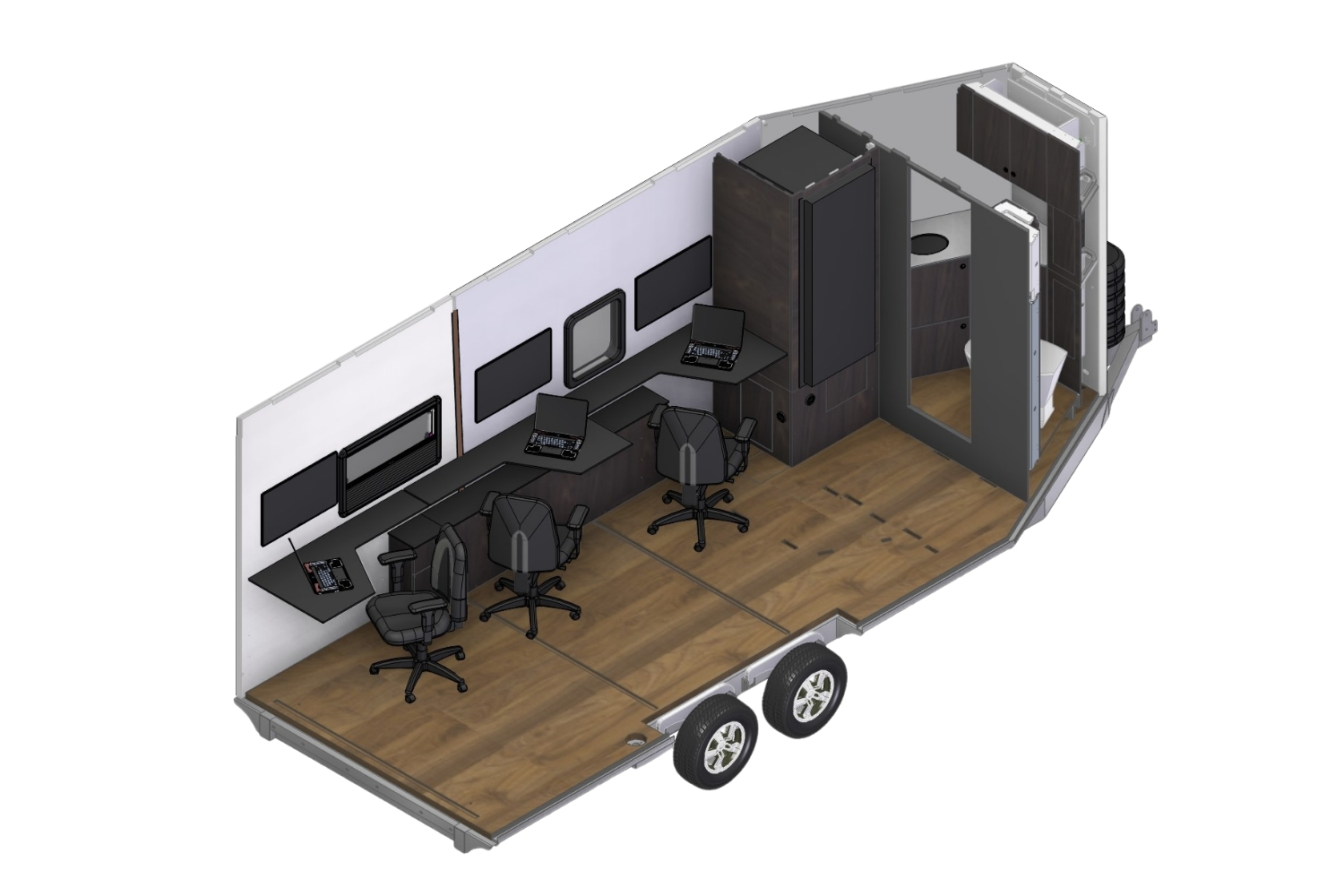 A 3D model of a 8032 CORE Command Center featuring a layout with flip up rear work stations to seat 2 office chairs