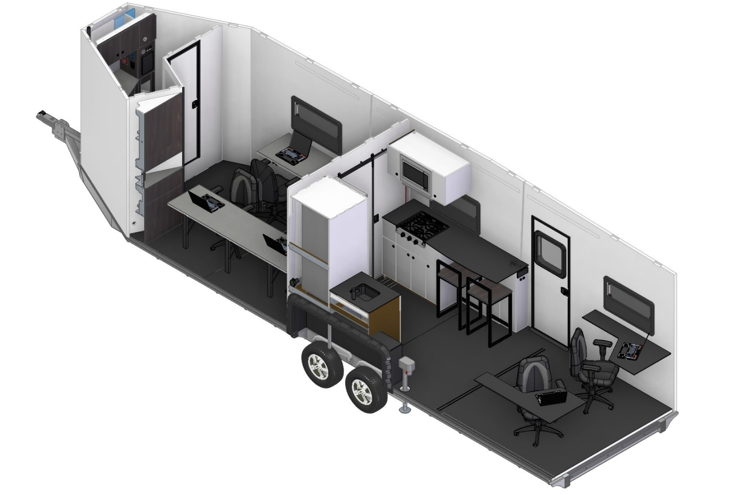 A 3D model of a 8032 CORE Command Center featuring a layout with flip up rear work stations to seat 2 office chairs