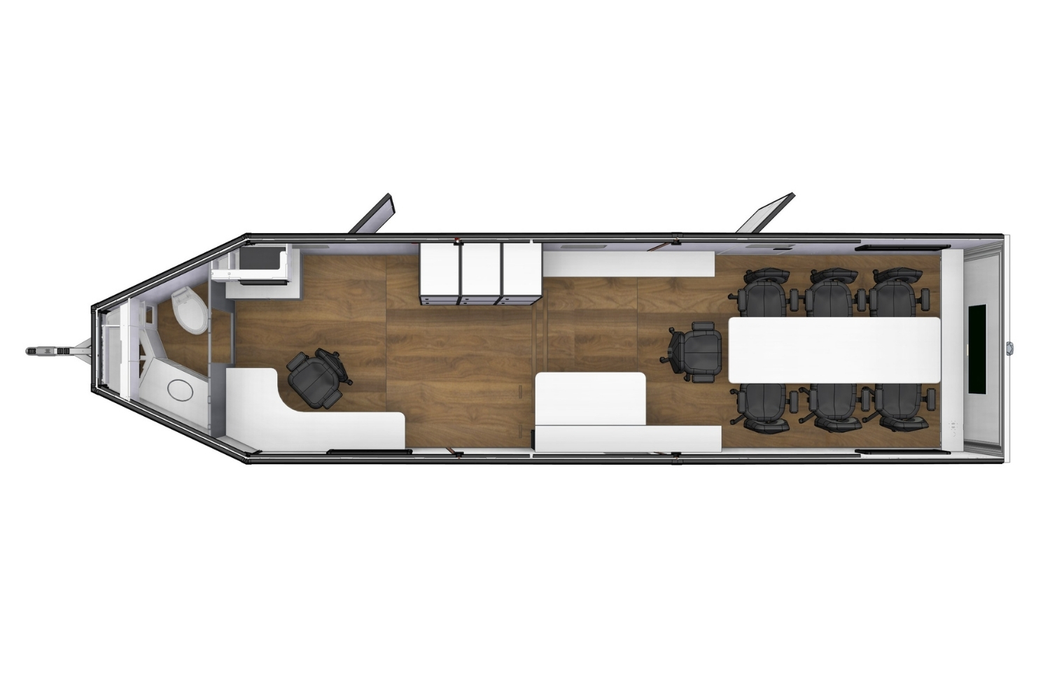 A 3D model of a 8032 CORE Command Center featuring a layout with flip up rear work stations to seat 2 office chairs